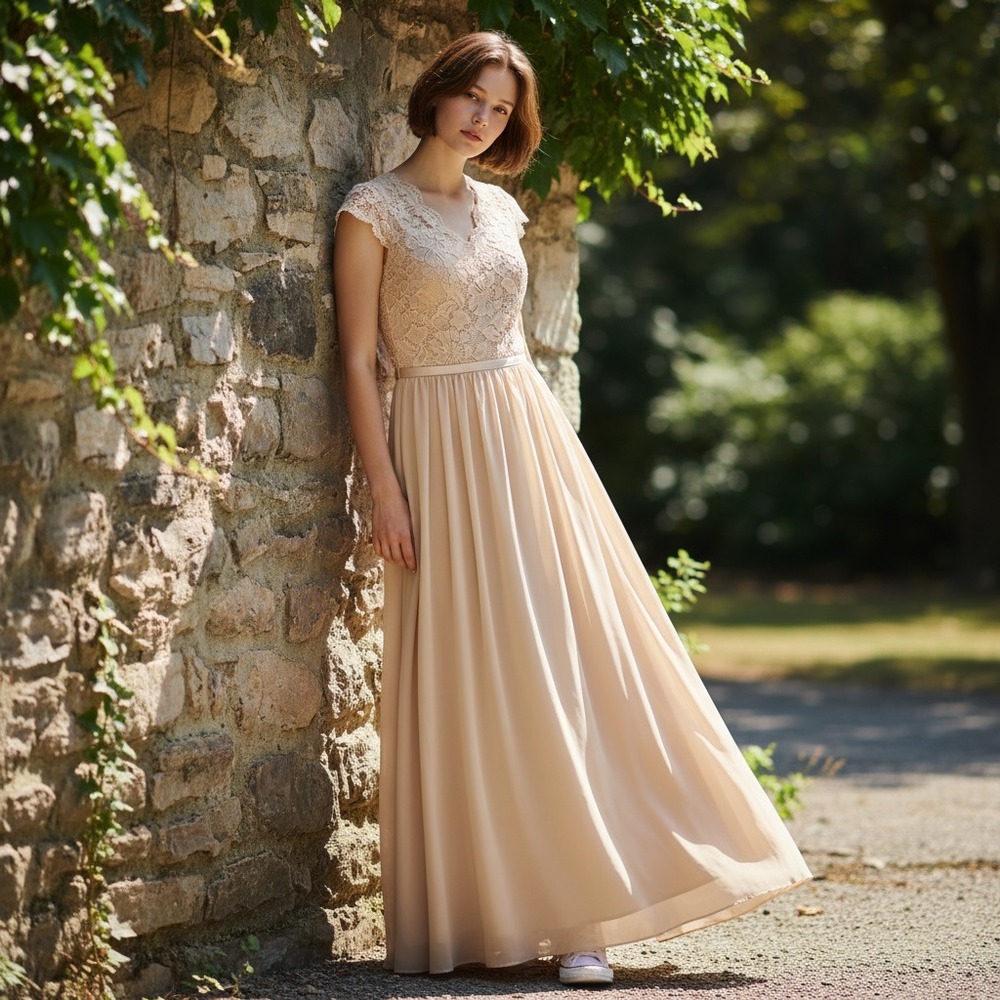 Daisyaner Champagne Lace Maxi‎ Dress Coquette Cottagecore Formal Romantic Gala L
